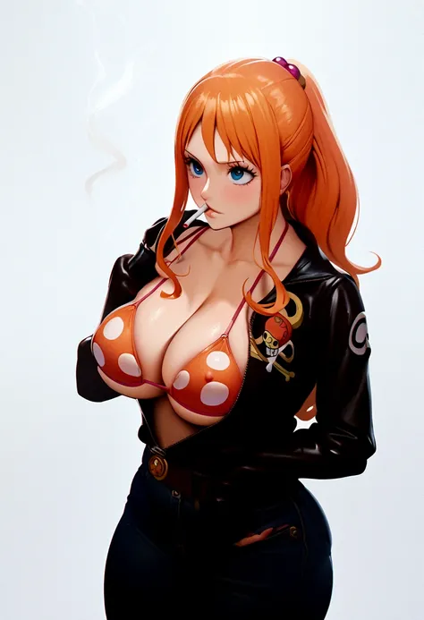 a cartoon picture of a woman in a bikini top and jeans, nami one piece, nami from one piece, nami, beautiful portrait of nami, from one piece, oppai, blue eyes, smoking, ponytail, nsfw