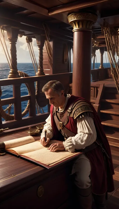 cinemactic style, julius caesar writing poetry on a pirate ship, the background has an artistic touch with dramatic lighting tha...