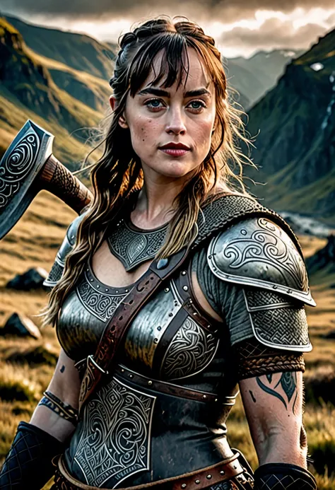 a beautiful viking warrior woman with many facial tattoos, Dakota Johnson, holding an axe, detailed portrait, cinematic lighting, dramatic pose, intricate armor, rugged landscape, muted color palette, realistic, photorealistic, 8k, high quality, hyper deta...