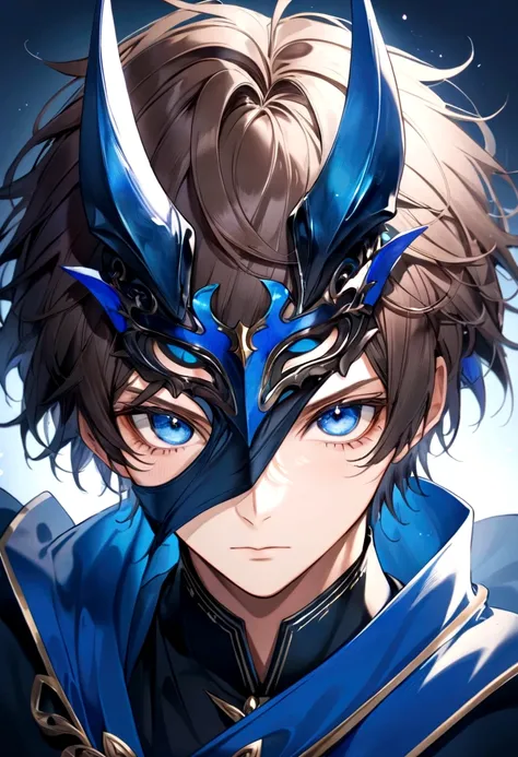 (man in half mask)(blue color)(blue eyes) brown hair)(blue horns)