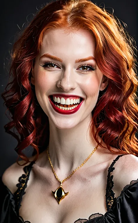 Smiling beautiful redhead vampire with gold tooth