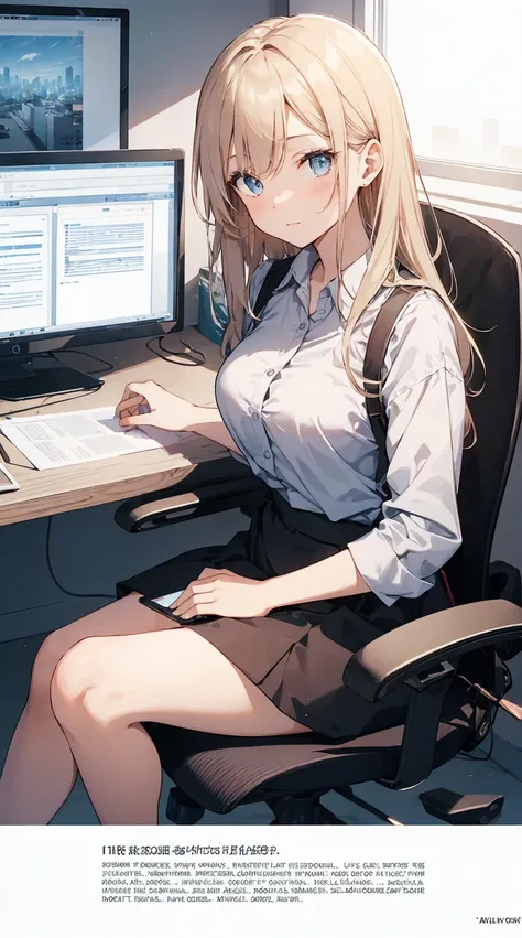 This illustration depicts a cute girl working in an office in a high-rise building, at a moment when she is tired of the situation. She is working on her laptop and is facing the monitor. His eyes are shining. Inside the room are piles of documents, an off...