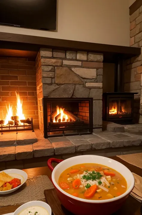 Delicious soup and fireplace in the background