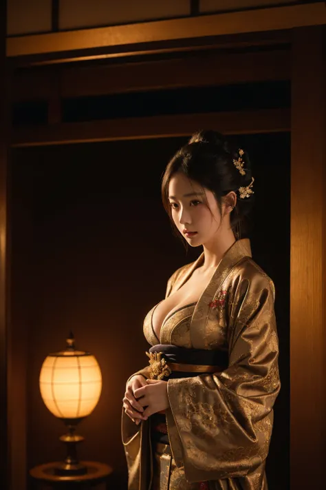 a beautiful japanese woman wearing an ornate kimono with intricate embroidery, extremely large breasts, dark lighting, cinematic, artistic composition, looking at viewer, masterpiece, ultra-detailed, 8k, photorealistic, chiaroscuro lighting, elegant, refin...