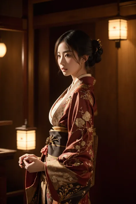 a beautiful japanese woman wearing an ornate kimono with intricate embroidery, extremely large breasts, dark lighting, cinematic, artistic composition, looking at viewer, masterpiece, ultra-detailed, 8k, photorealistic, chiaroscuro lighting, elegant, refin...