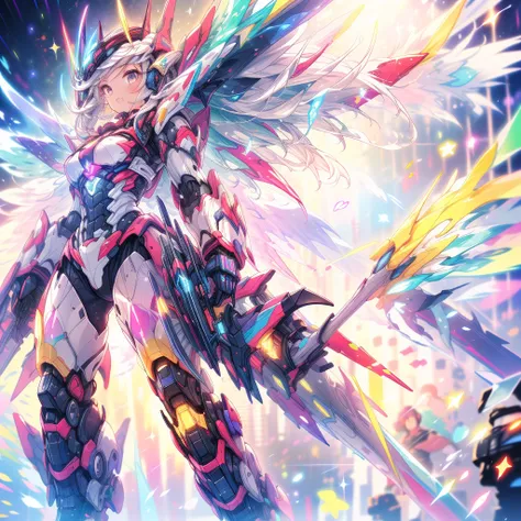 (masterpiece:1.2), best quality, high resolution, extremely detailed CG, absurdres, highres, 1girl, mecha girl, colorful light particles arounded, glitter, glowing wings, (((vivid color)))