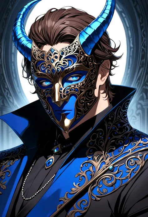 (man in half mask)(blue color)(blue eyes) brown hair)(blue horns)(Dressed in black)