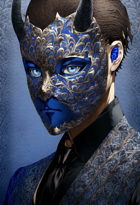 (man in half mask)(blue color)(blue eyes) brown hair)(blue horns)(Dressed in black)