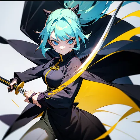 A woman with long yellow hair, blue eyes and holding a katana, demon slayer art style