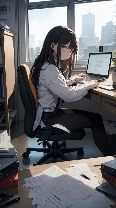 This illustration depicts a cute girl working in an office in a high-rise building, at a moment when she is tired of the situation. She is working on her laptop and is facing the monitor. His eyes are shining. Inside the room are piles of documents, an off...