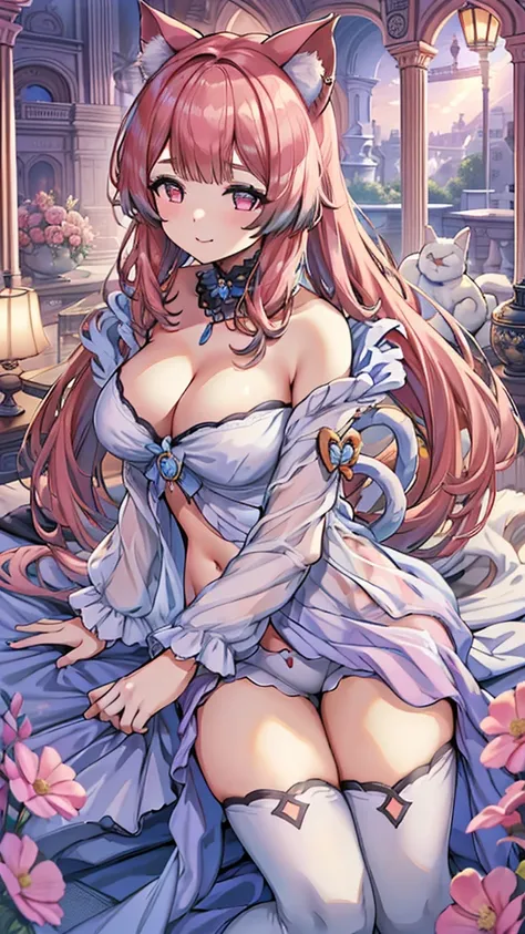 Masterpiece、Highest quality、Super detailed、1 girl、(Big Tits)、Fluffy and soft long hair、Red-pink eyes、Cleavage、(The underboob is visible)、smile、Too big breasts、Cat ear、negligee、bed