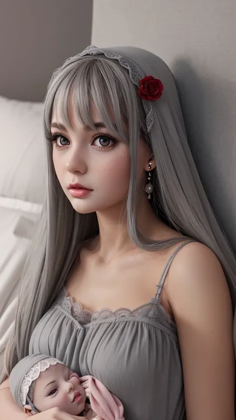 (Realistic drawing style:0.9), Masterpiece, best quality,  nonsense, look at viewer, alone, (gray babydoll:1.5),  Bronya Seychik, red student, big breasts, long hair, gray hair, smooth, gray eyes, earring, piercing hair, hair between the eyes, hair accesso...