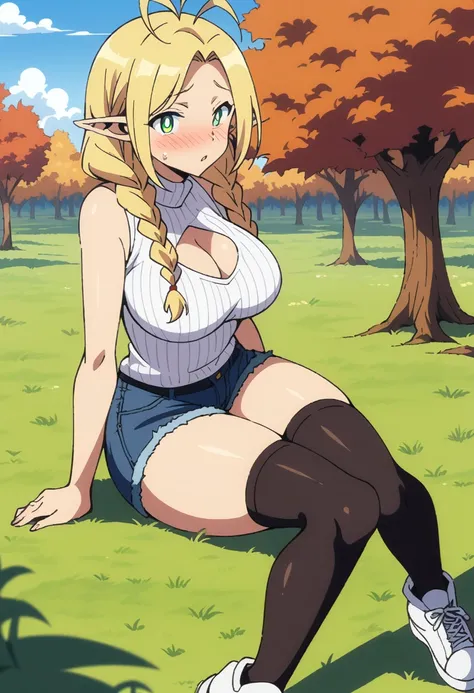 (anime art style), masterpiece, best quality, very aesthetic, absurdres, dynamic shadows, atmosferic, marcille donato, ((1girl)), antenna hair, blonde hair, long hair, braid, twin braids, parted bangs, green eyes, pointy ears, curvy body, large breasts, se...