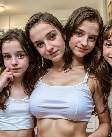 3heads, three headed girl, (a 13 year old girl:1.5), (a 10 year old girl:1.5), (a 40 year old woman:1.5)