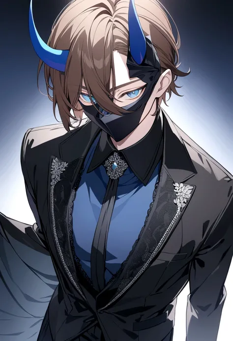 (man in half mask)(blue color)(blue eyes) brown hair)(blue horns)(Dressed in black)