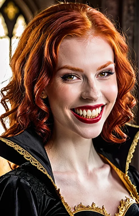 Smiling beautiful redhead vampire with gold tooth