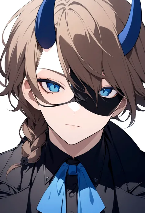 (man in half mask)(blue color)(blue eyes) brown hair)(blue horns)(Dressed in black)