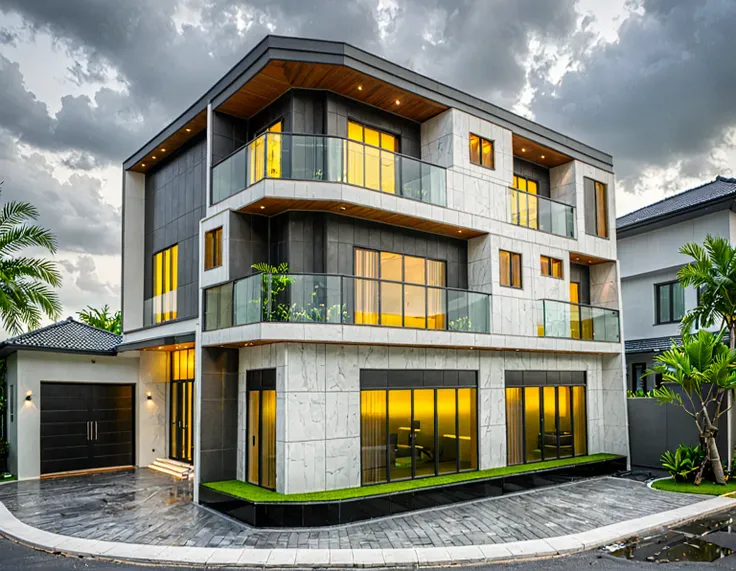 modern villa on street, (overcast lighting:1.2), tropical tree, vivid color, curve wall, streetcapes, nice sky, grey and wwhite tone, (large glass door:1.2), warm interior lighting, modern material, best quality, ultra realistic, masterpiece, 17ArchiAI_XL_...