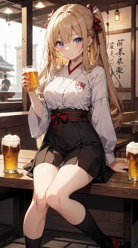 This illustration depicts a cute girl drinking beer at an izakaya. She holds a glass of beer in her hand and her eyes sparkle. The inside of the store is a traditional Japanese izakaya, with tatami mat floors and signs hanging on the walls. However, the mo...