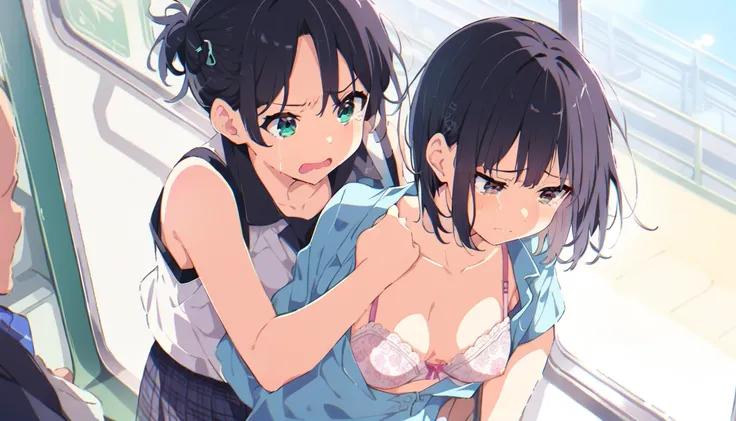 A middle-aged man is grabbing the breasts of a girl with a floral bra, no underwear, a blue checked skirt, erect nipples, short black hair, small breasts, and light pubic hair, who is crying in disgust on a train.