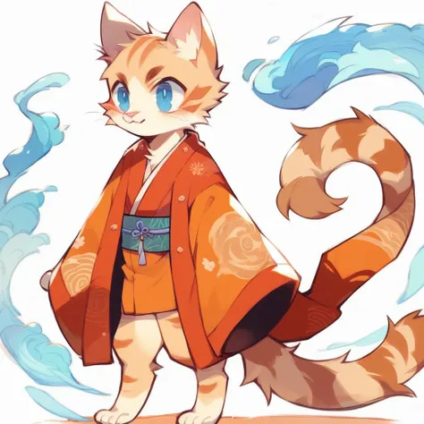 a tabby cat with a soft, fluffy coat, with bright blue eyes that reflect an innate curiosity. he wears a feudal japanese costume...