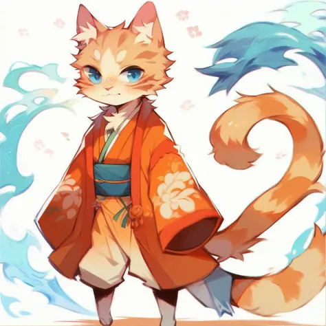 a tabby cat with a soft, fluffy coat, with bright blue eyes that reflect an innate curiosity. he wears a feudal japanese costume...