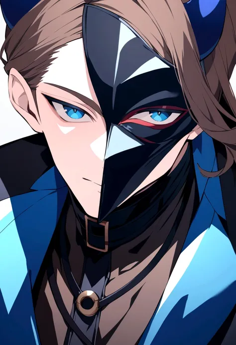 (man in half mask)(blue color)(blue eyes) brown hair)(blue horns)(Dressed in black)