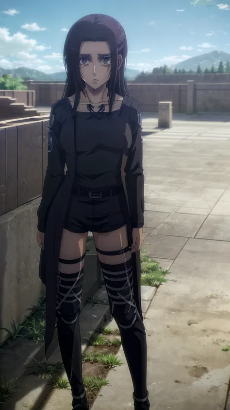 Make a girl tall 62,Hair black mix Brown,Eyes color Havel, Skin pale, Survey Corps shirt and pants season 4,Odm gear modern anime grab sword, and eyes bags ,Wall maria background 
, Paradise girl 