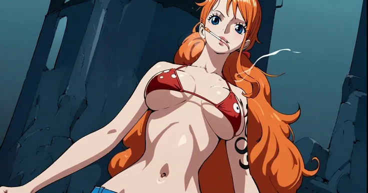 a cartoon picture of a woman in a bikini top and jeans, nami one piece, nami from one piece, nami, beautiful portrait of nami, from one piece, oppai, blue eyes, smoking, ponytail, nsfw