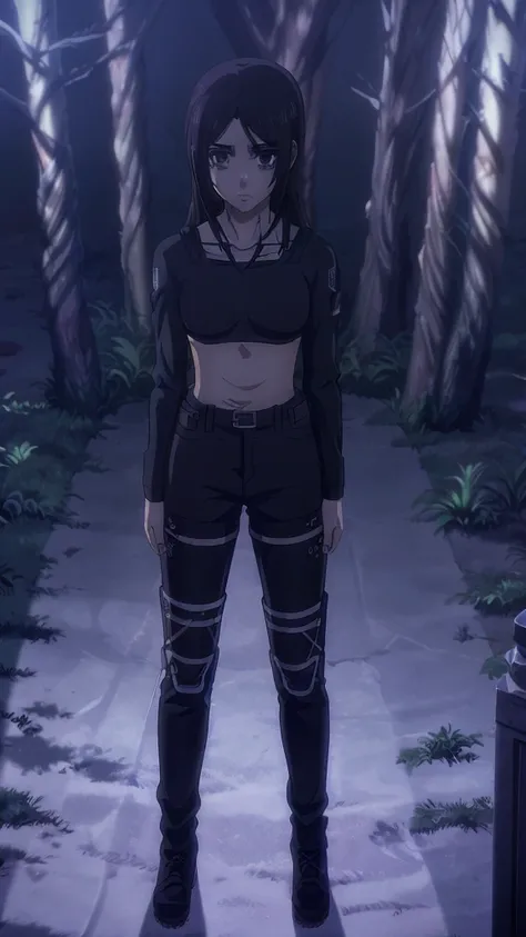 Make a girl tall 62,Hair black mix Brown,Eyes color Havel, Skin pale, Survey Corps shirt and pants season 4,Odm gear modern anime grab sword, and eyes bags ,Wall maria background 
, Paradise girl 