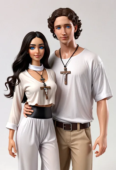 Create a couple made up of a woman with dark hair, light skin, blue eyes and Arabic features wearing novice clothes with a crucifix around her neck, and a white man with short wavy dark hair, light skin, brown eyes and white clothes with objects of Umbanda...