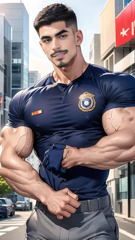 (handsome Man),(Thin mustache:1.1),(crew cut short hair:1.5),black eye, (navy blue tight-fitting round neck short sleeve T-shirt:1.3),(Police badge:1.3),navy blue cargo pants,(navy_gloves:1,3), Korean guy,chest muscles,large arm muscles,blood vessel,Big mu...