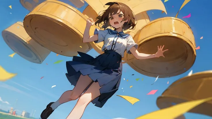 ((Highest quality)), ((masterpiece)), ((Very detailed)),Floatingする女の子,Angry expression，floating，Floating，Confetti，Brown Hair,tears,Levitating,Blue sky background,Feet in the air,tears,gravity,Long skirt,loafers,Raise both hands