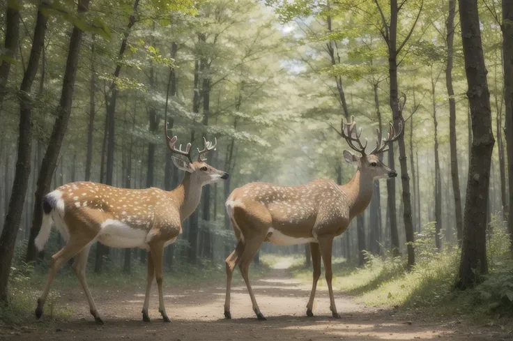 best quality, masterpiece, Deer in a forest clearing, birds, Butterfly