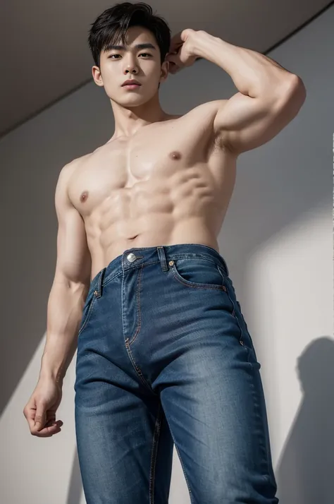 young korean man , 1 boy, white skin , Fine skin, 1 boy, ((realistic)), abdomen, good light quality, muscle veins, ((Pale skin)), football player, (Masterpiece, Special quality, high resolution, 8K, complicated:1.2), (detailed face:1.2), handsome, , Emboss...