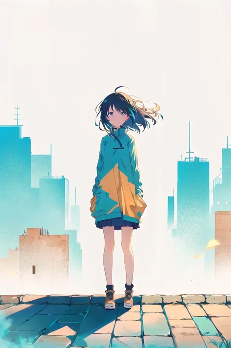 anime girl standing on a brick sidewalk looking out at the city, atei gailan style, conrad rothe and makoto shinkai, inspired by...