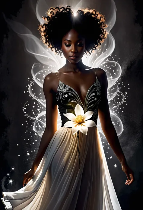 Create a detailed image of a book cover with a silhouette of a black woman in shadow, partially visible, with a dress flowing softly around her. In front of the silhouette, represent a bright white flower emitting powerful magic. The background must be com...