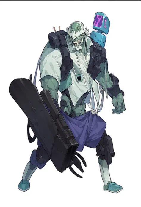 A cartoon closeup shot of a man holding a gun, Muscular male undead robot, 毁灭战士永恒中的Zombies, 肉体 - 机器人 - Zombies, like an ugly giant, Zombies, Character Art Opposite, Full color illustrations, Zombies, Mecha-style Greek god, This character has cryokinesis ab...