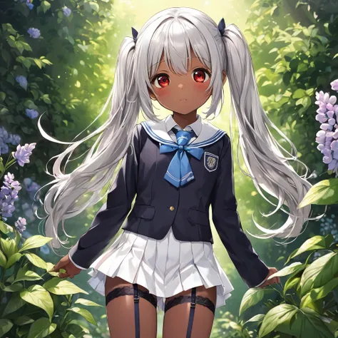 BREAK Perfect Anatomy、Highest quality、(cute:1.1)、(cute)、(High resolution:1.2)、Unbelievably absurd:1.3、Incredible illustrations、(cuteイラスト:1.2)、nsfw,（Beautiful background、Late Night、garden、Planting）、1gial(Silver Hair、Wavy Hair、Long twin tails、Red Eyes、9 year...