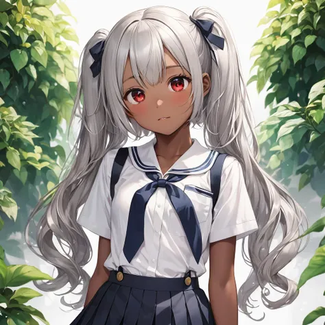 BREAK Perfect Anatomy、Highest quality、(cute:1.1)、(cute)、(High resolution:1.2)、Unbelievably absurd:1.3、Incredible illustrations、(cuteイラスト:1.2)、nsfw,（Beautiful background、Late Night、garden、Planting）、1gial(Silver Hair、Wavy Hair、Long twin tails、Red Eyes、9 year...