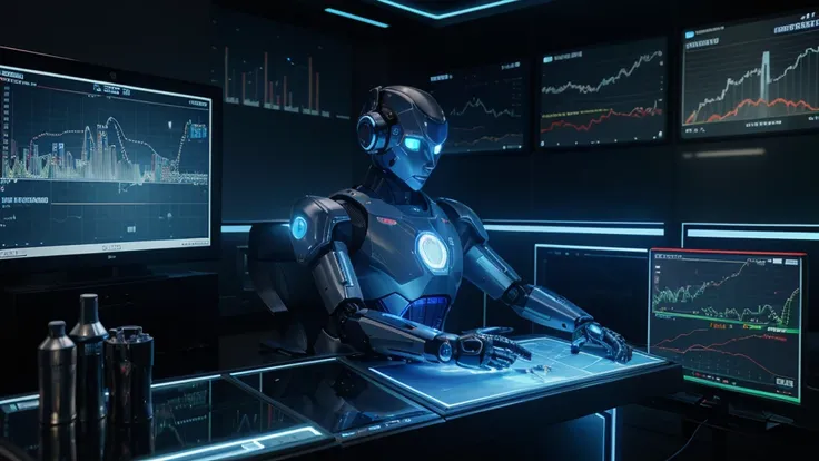 An illustration of a futuristic robot-shaped artificial intelligence analyzing a stock market chart on a large screen. The robot has glowing blue eyes, with hands connected to a touch screen, tracing complex data. The background is a modern office with lar...