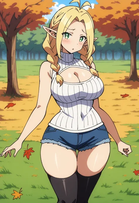 (anime art style), masterpiece, best quality, very aesthetic, absurdres, dynamic shadows, atmosferic, marcille donato, ((1girl)), antenna hair, blonde hair, long hair, braid, twin braids, parted bangs, green eyes, pointy ears, curvy body, large breasts, se...