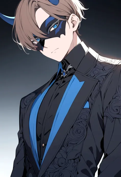 (man in half mask)(blue color)(blue eyes) brown hair)(blue horns)(Dressed in black)(Short haired)