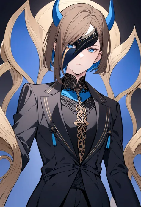 (man in half mask)(blue color)(blue eyes) brown hair)(blue horns)(Dressed in black)(Short haired)