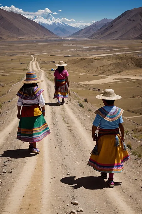 Create two Bolivian indigenous women in skirts, La Paz who are old women who weave with toothpicks the paths and steps of a thousand colors for a 6-year-old  with awayo landscapes, and in the background the Huayna Potosi hill