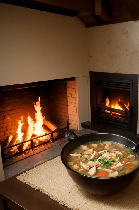 Chicken soup and fire in the fireplace 