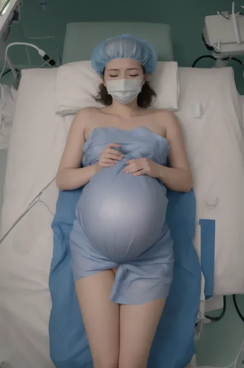 pregnant ,masterpiece, best quality, highres, (nude:1.2),  1girl, solo, (operating room:1.2), lie on back on ("operating bed":1.3),closed eyes,
(view from above:1.3), open legs, spread legs, surgical mask,
closed mouth, 