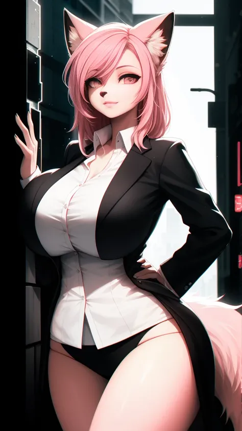 Cyberpunk fox, Beautiful light and shadow on the beautiful face with light pink hair、Ultrafine fur、Volumetric lighting is very detailed，Highest quality furry art，Extra large breasts，business attire，Sexy pose