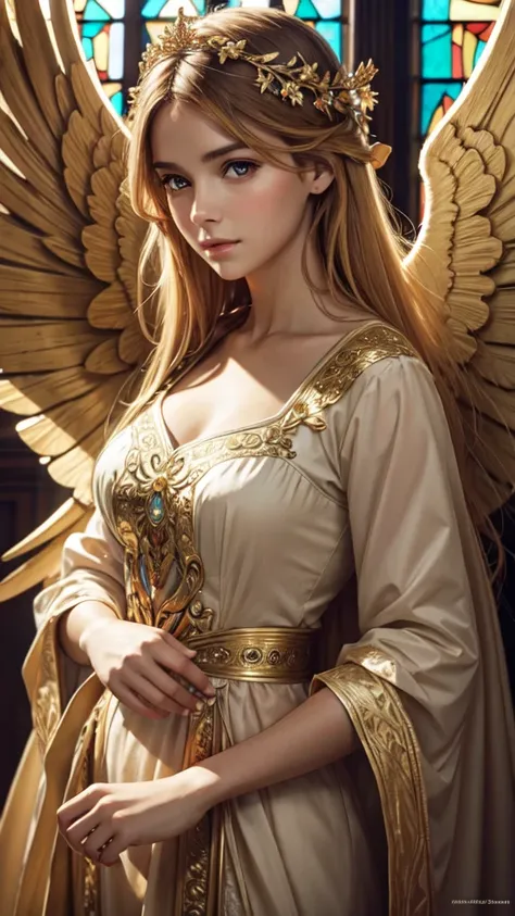 realistic,photorealistic,photo-realistic:1.37,best quality,4k,8k,highres,masterpiece:1.2,ultra-detailed,vibrant colors,stained glass,beautiful vintage angel woman,frontal face,front face,front view,gold hair,determined expression,(large open angel wings:1....