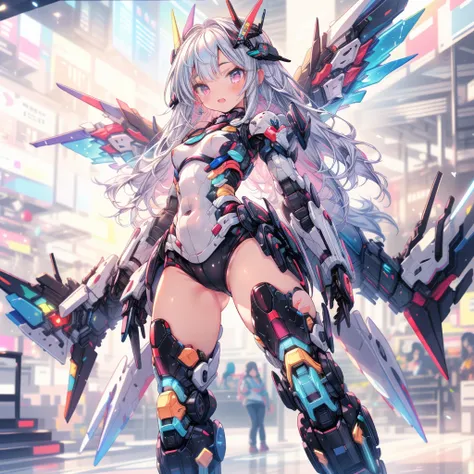 (masterpiece:1.2), best quality, high resolution, extremely detailed CG, absurdres, highres, 1girl, mecha girl, colorful light particles arounded, glitter, glowing wings, (((vivid color))), ((doyagao)), Colorful portraits, karukan (monjya)